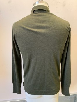 Mens, Pullover Sweater, OFFICINE GENERALE, Olive Green, Wool, Solid, L, Knit, Polo Style with Collar Attached, V-Neck, L/S
