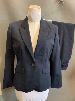 BROOKS BROTHERS, Navy Blue, Blue, Wool, Elastane, Stripes - Pin, 1 Button, Single Breasted, Peaked Lapel, 3 Buttons,  Center Back Vent,
