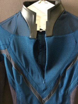 Womens, Sci-Fi/Fantasy Jumpsuit, MTO, Teal Blue, Black, Gray, Rubber, Spandex, Solid, Color Blocking, XS, Long Sleeve Coverall, Back Zipper, Front Neck Zip for Cleavage, Rubber Stand Collar, Foot and Hand Stirrups, Ribbed Panels and Chevron Inserts. Petite Hight