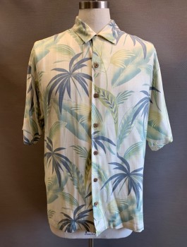 Mens, Hawaiian Shirt, TOMMY BAHAMA, Beige, Sea Foam Green, Cream, Pea Green, Silk, Leaves/Vines , M, C.A., Button Front, S/S