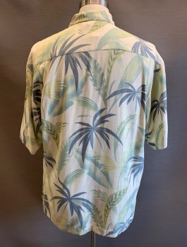 Mens, Hawaiian Shirt, TOMMY BAHAMA, Beige, Sea Foam Green, Cream, Pea Green, Silk, Leaves/Vines , M, C.A., Button Front, S/S