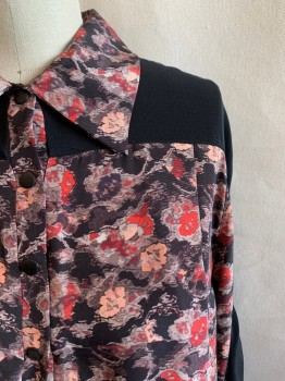 Womens, Blouse, TANYA TAYLOR, Black, Lt Brown, Lt Orange, Red, Beige, Silk, Floral, Abstract , 2, Collar Attached, Snaps on Half Placket and Cuffs, Black Silk Down Sleeves, Shoulders, and Yoke