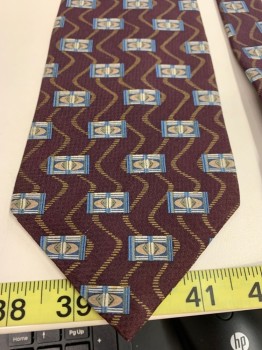 ALBERT NIPON, Aubergine Purple, Taupe, White, Blue, Olive Green, Silk, Novelty Pattern, Squares, Four in Hand
