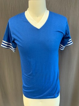 Mens, T-shirt, JERZEES, Royal Blue, Polyester, Cotton, Solid, S, S/S, V-N/Cuffs White/Blue Stripes