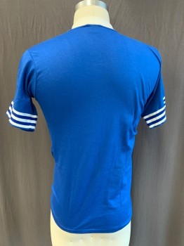 Mens, T-shirt, JERZEES, Royal Blue, Polyester, Cotton, Solid, S, S/S, V-N/Cuffs White/Blue Stripes