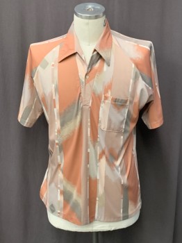 Mens, Polo Shirt, RESORT WARE, Salmon Pink, Gray, Peachy Pink, Off White, Synthetic, Abstract , C44, XL, C.A., 1 Button, Pckt, Raglan S/S