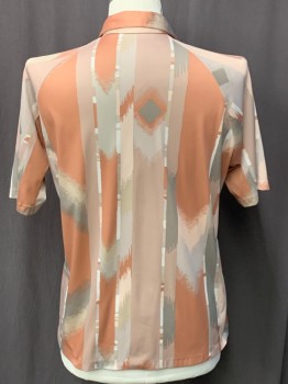 Mens, Polo Shirt, RESORT WARE, Salmon Pink, Gray, Peachy Pink, Off White, Synthetic, Abstract , C44, XL, C.A., 1 Button, Pckt, Raglan S/S