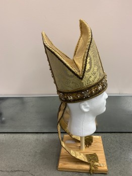 Unisex, Hat, NL, Ivory White, Multi-color, Polyester, Solid, Floral, Gold Floral, White Pearl Beads, Gold Material, Gold And Bronze Trim, Slightly Aged/Distressed,