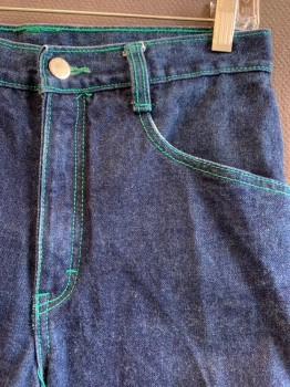 BRITTANIA, Denim Blue, Cotton, Solid, 4 Pockets, Zip Fly, Green Top Stitch