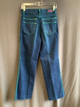 Womens, Jeans, BRITTANIA, Denim Blue, Cotton, Solid, W28, 4 Pockets, Zip Fly, Green Top Stitch