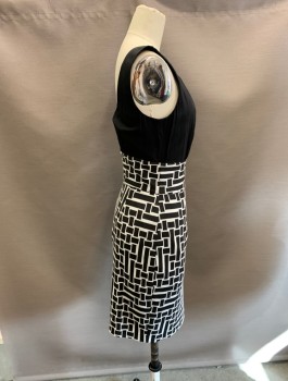 Womens, Dress, Sleeveless, TRINA TURK, Black, White, Silk, Polyester, Solid, Geometric, 2, Blouse Like Attached Top, with Thick Waistband, Kick Pleat at CB