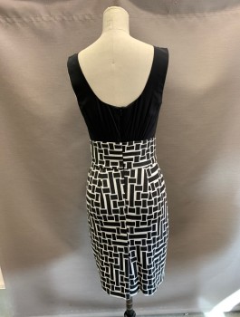 Womens, Dress, Sleeveless, TRINA TURK, Black, White, Silk, Polyester, Solid, Geometric, 2, Blouse Like Attached Top, with Thick Waistband, Kick Pleat at CB