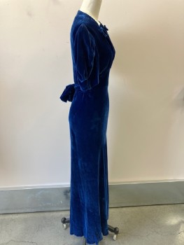 Womens, Evening Gown, N/L, Royal Blue, Cotton, Solid, W26, B:34, Puff 3/4 Slvs, V-N,  Empire Style  With Self Tie Bows, Tie Back CB, Floor Length