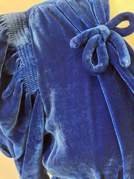 Womens, Evening Gown, N/L, Royal Blue, Cotton, Solid, W26, B:34, Puff 3/4 Slvs, V-N,  Empire Style  With Self Tie Bows, Tie Back CB, Floor Length