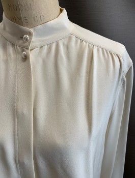 NL, Ecru, Polyester, Solid, Band Collar With CB Seam/Alteration,  B.F. with Hidden Placket, Gathers @ Shoulders, Small Black Stain On Shoulder, L/S, Pearl Btns @ Collar & Cuffs