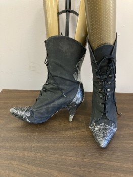 Womens, Boots, SILVESTRI, 5.5, Dull Black Leather, Lace Up with Worn Silver Snake Toe Caps/Heels & Backs