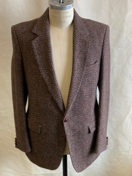 Mens, Blazer/Sport Co, SERGIO VALENTE, Dk Brown, Gray, Lt Gray, Tobacco Brown, Wool, Tweed, Check , 38 R, Notched Lapel,1 Button Single Breasted, 3 Pockets, Leather Buttons, Single Vent