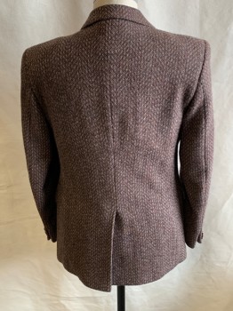 Mens, Blazer/Sport Co, SERGIO VALENTE, Dk Brown, Gray, Lt Gray, Tobacco Brown, Wool, Tweed, Check , 38 R, Notched Lapel,1 Button Single Breasted, 3 Pockets, Leather Buttons, Single Vent