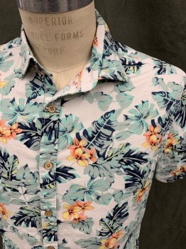 Mens, Hawaiian Shirt, DENIM & FLOWER, Mint Green, Navy Blue, Peach Orange, Yellow, Cotton, Floral, M, Button Front, Collar Attached, Short Sleeves