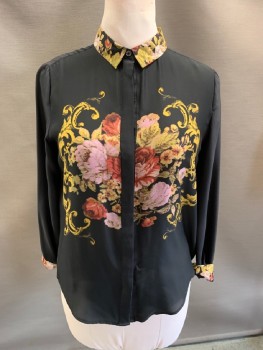 Womens, Blouse, SILENCE + NOISE, Black, Lilac Purple, Red, Lt Olive Grn, Gold, Polyester, Floral, M, C.A., B.F., Pleated CB, L/S, Floral/Swirl Pattern On Collar/CF/Cuffs