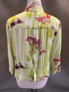 Womens, Blouse, CITRON, Lt Green, Plum Purple, Mauve Pink, Dijon Yellow, Chartreuse Green, Silk, Rayon, Butterfly, L, Mandarin Collar, B.F., L/S, Self Textured Abstract Pattern, Vertical Stripes On Front Right Side & Back Side, Inverted Pleat With Tab & Button At CB