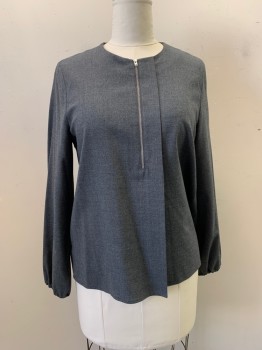 Womens, Top, COS, Gray, Wool, Solid, 12, Round Neck,  L/S, Pleated, Half Zip Front