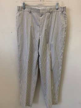 BROOKS BROTHERS, White, Gray, Cotton, Stripes - Vertical , Seersucker, Flat Front, Belt Loops, 4 Pockets 2 are Welt