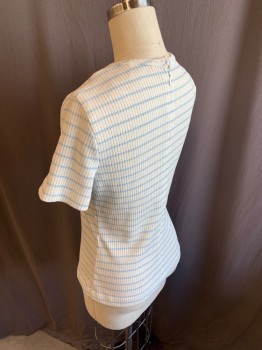 Womens, 1960s Vintage, Piece 1, CONTIMA, Baby Blue, Antique White, Poly/Cotton, Stripes - Vertical , XS, Shirt, S/S, CN, Horizontal Zig Zag, Back Zipper, with Self Belt, 1960's