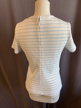 Womens, 1960s Vintage, Piece 1, CONTIMA, Baby Blue, Antique White, Poly/Cotton, Stripes - Vertical , XS, Shirt, S/S, CN, Horizontal Zig Zag, Back Zipper, with Self Belt, 1960's