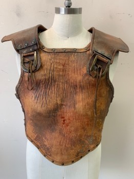Mens, Historical Fict. Breastplate , N/L, Brown, Leather, Thermoplastic, 38-40, Adjustable Sides, Buckles, Aged/Distressed, Old "Blood"