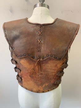 Mens, Historical Fict. Breastplate , N/L, Brown, Leather, Thermoplastic, 38-40, Adjustable Sides, Buckles, Aged/Distressed, Old "Blood"