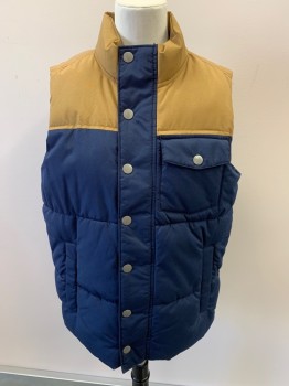 OLD NAVY, Khaki Brown, Navy Blue, Polyester, Acrylic, Color Blocking, Puffer, Quilted, Stand Collar, Zip Front, Snap Front, 3 Pckts