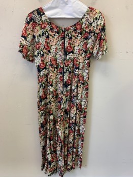 Womens, Jumpsuit, Expressions Petites, Cream, Rose Pink, Navy Blue, Green, Cotton, Floral, W29, B32, H36, S/S, S Pleated, Side Pockets, Back Zipper,