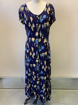 Coldwater Creek, Navy Blue, Yellow, Blue, Green, Rayon, Floral, S/S, Scoop Neck, Button Front, Pleated At Waist/Bodice, Ankle Length Hem
