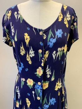 Coldwater Creek, Navy Blue, Yellow, Blue, Green, Rayon, Floral, S/S, Scoop Neck, Button Front, Pleated At Waist/Bodice, Ankle Length Hem