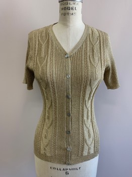 Womens, Top, ZIARU COUTURE, Gold Metallic, Rayon, Polyester, B:36, Knit, V-N, Button Front, S/S