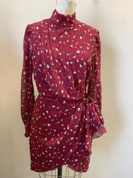 Womens, Dress, Long & 3/4 Sleeve, BARDOT, Wine Red, Navy Blue, Taupe, Lt Beige, Polyester, Spots , B36, 6, W27, Center Back Zipper, Sheer Sleeves with Cuffs, Petal Wrap Skirt with Chiffon Bow at Waist, High Neck, Faux Wrap