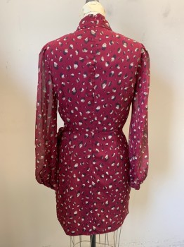 Womens, Dress, Long & 3/4 Sleeve, BARDOT, Wine Red, Navy Blue, Taupe, Lt Beige, Polyester, Spots , B36, 6, W27, Center Back Zipper, Sheer Sleeves with Cuffs, Petal Wrap Skirt with Chiffon Bow at Waist, High Neck, Faux Wrap
