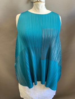 Womens, Top, N/L, Teal Blue, Silver, Polyester, Cotton, Geometric, Solid, B 40, Sleeveless, Round Neck, Mini Pleats, Two Large Squares Front of Shirt