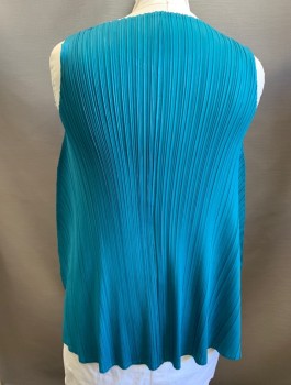 Womens, Top, N/L, Teal Blue, Silver, Polyester, Cotton, Geometric, Solid, B 40, Sleeveless, Round Neck, Mini Pleats, Two Large Squares Front of Shirt