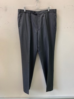 Mens, Suit, Pants, SAKS FIFTH AVE, Dk Gray, Blue, White, Wool, Stripes - Pin, 38/32, Flat Front, Side Pockets, Zip Front, Belt Loops