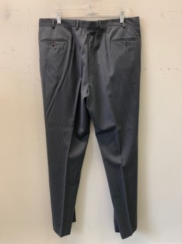 Mens, Suit, Pants, SAKS FIFTH AVE, Dk Gray, Blue, White, Wool, Stripes - Pin, 38/32, Flat Front, Side Pockets, Zip Front, Belt Loops