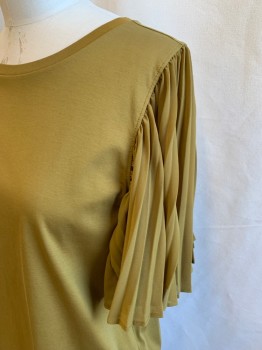 Womens, Top, ANN TAYLOR, Olive Green, Cotton, Polyester, Solid, L, Scoop Neck, Cotton Body, Polyester Press Pleated Flutter Short Sleeves