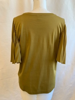 Womens, Top, ANN TAYLOR, Olive Green, Cotton, Polyester, Solid, L, Scoop Neck, Cotton Body, Polyester Press Pleated Flutter Short Sleeves