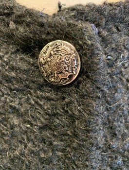 RICCI, Black, Wool, Novelty Pattern, Crew Neck, Silver Medallion  Cast Etched Buttons Boucle Fabric.