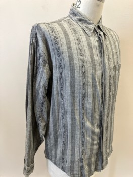OPUS, Gray with Black Patterned Stripes, Cotton Rayon, L/S, Hidden B.F.placket, C.A., 1 Pckt,