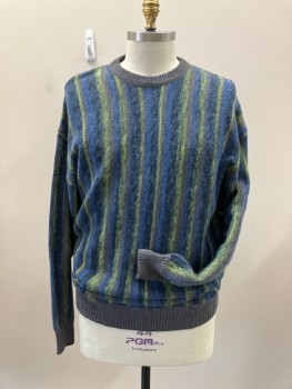 Mens, Sweater, NEIMAN MARCUS, XL, Gray/Blue/Lime Vertical Stripe, CN, L/S, Gray Rib Knit Trims