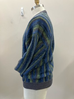 Mens, Sweater, NEIMAN MARCUS, XL, Gray/Blue/Lime Vertical Stripe, CN, L/S, Gray Rib Knit Trims