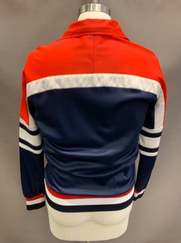 Mens, Jacket, FILA, Navy Blue, Red, White, Polyester, Triacetate, Color Blocking, Stripes, L, Zip Front, 2 Pockets, Elastic Waistband And Cuffs, Logo Patch