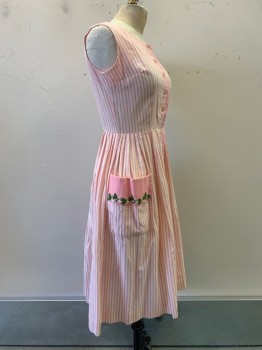 NO LABEL, Pink, Off White, Polyester, Cotton, Stripes - Vertical , Sleeveless, Round Neck, Button Front, Pleated, Side Pocket with Embroiderred Flowers, MTO